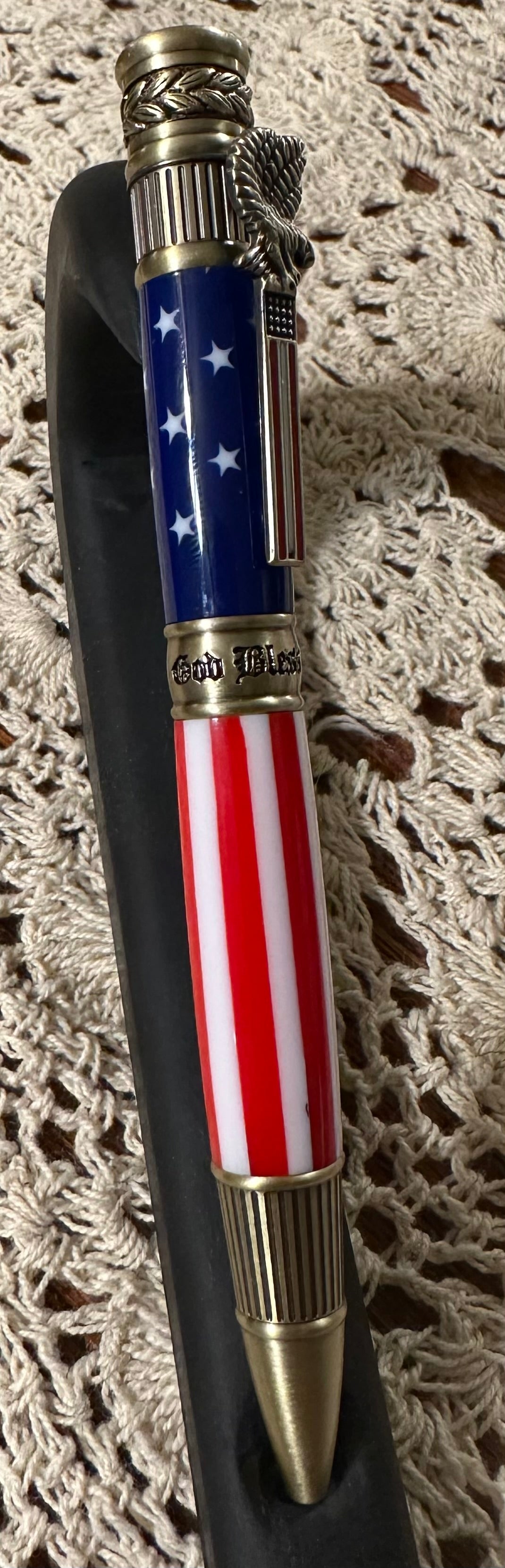 American Patriot Pen, Stars & Stripes acrylic, red and white striped clip, antique brass