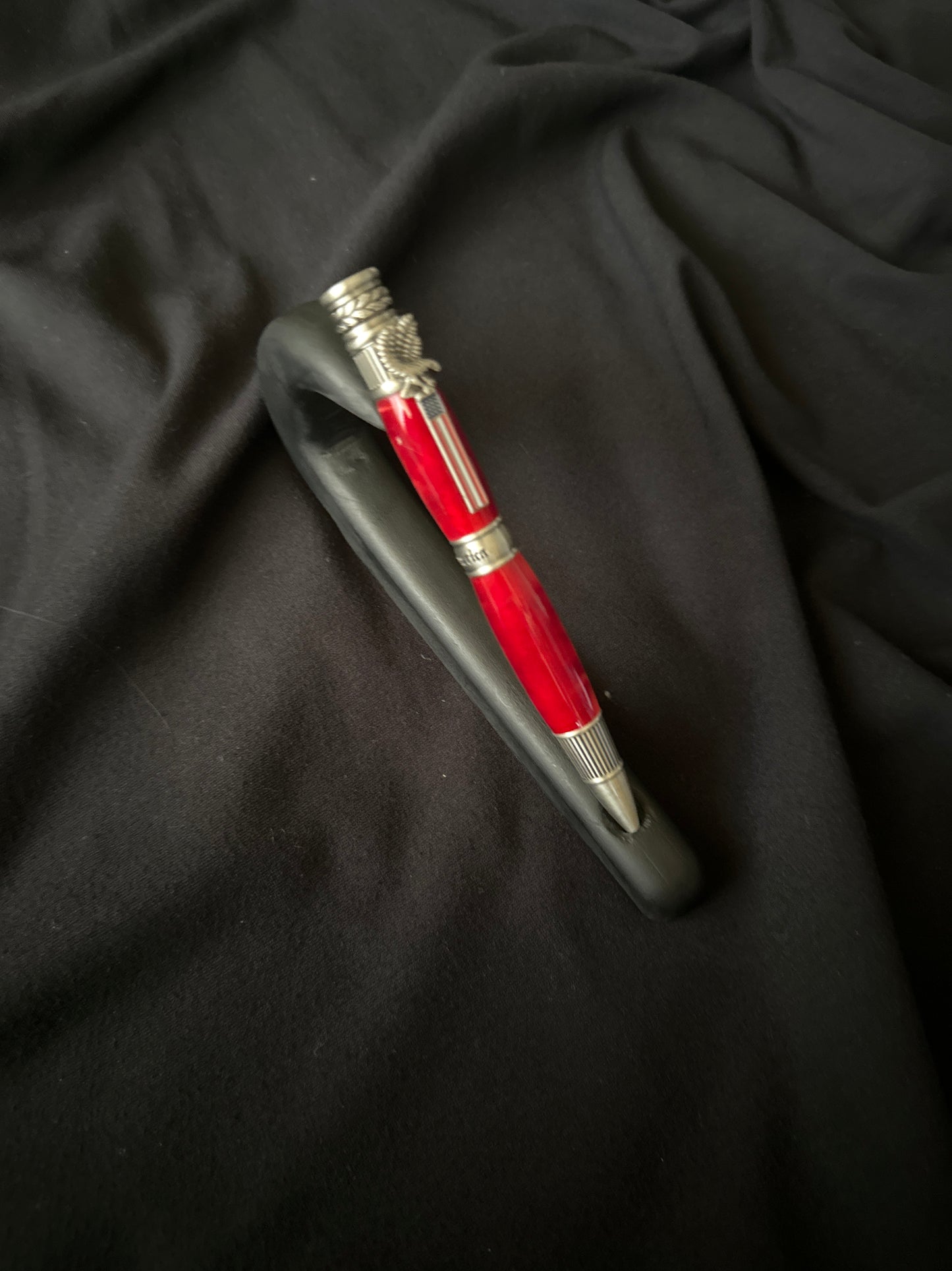 American Patriot Twist Pen, ruby red silk, antique pewter