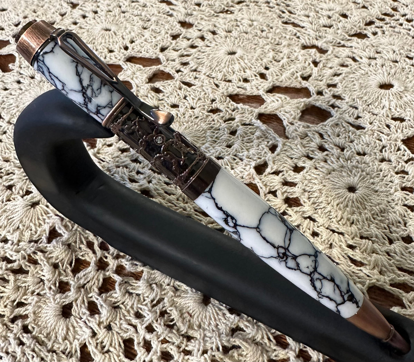 Ivy Twist Pen, TruStone white marble, copper
