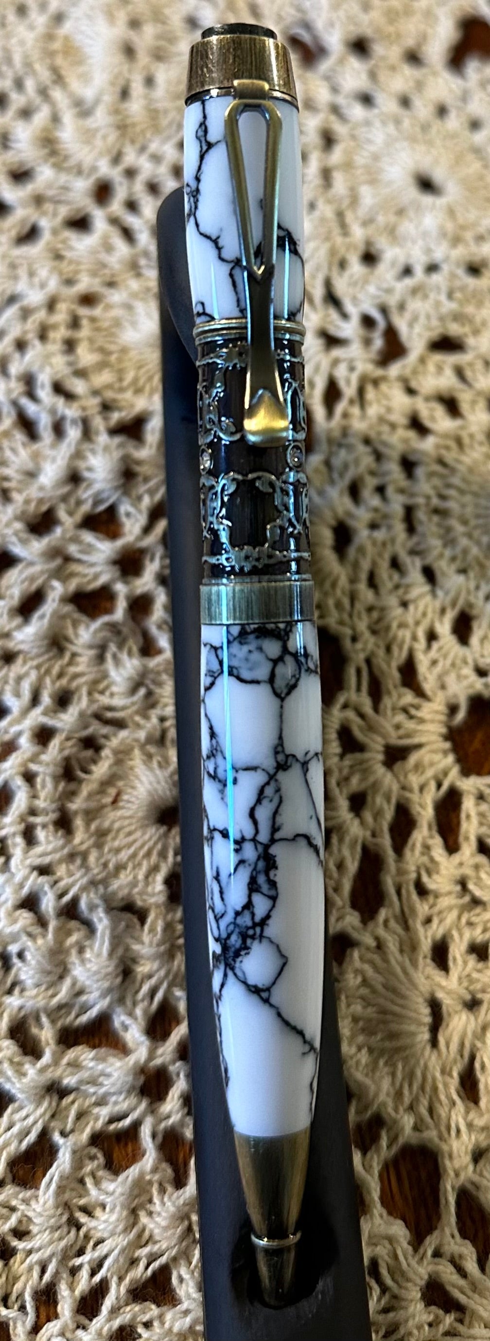 Ivy Twist Pen, TruStone white marble, bronze