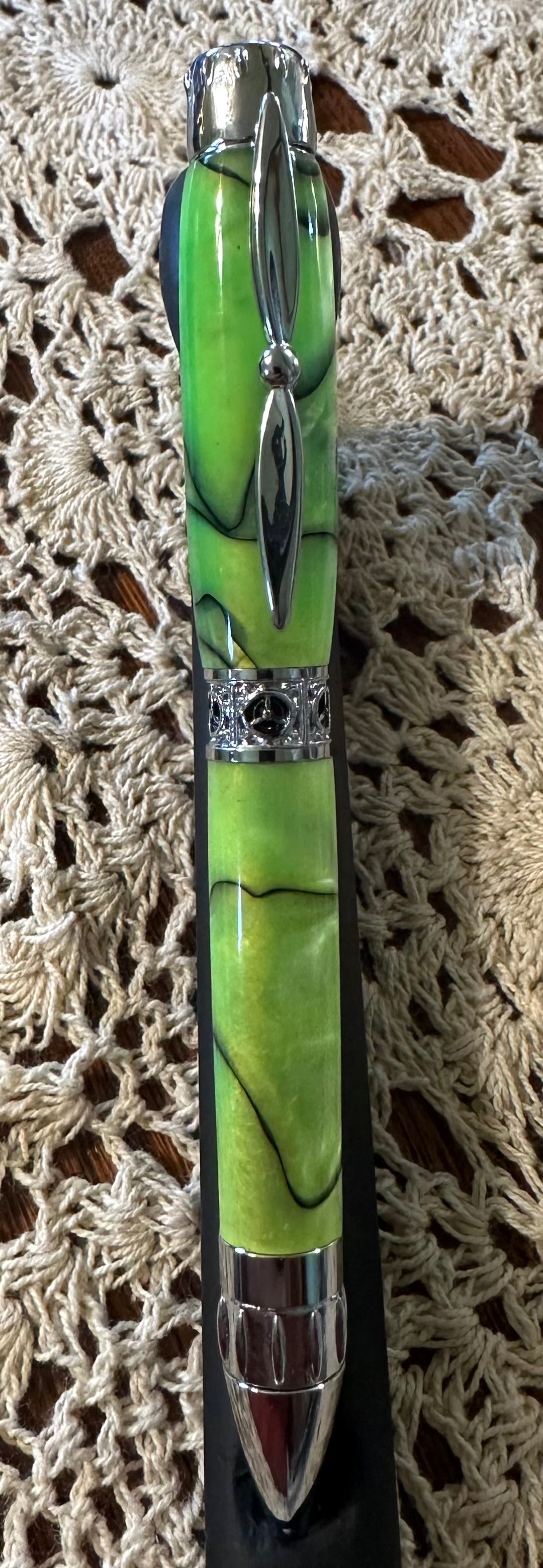 Aviation Propeller Pen, green and black swirl acrylic, chrome
