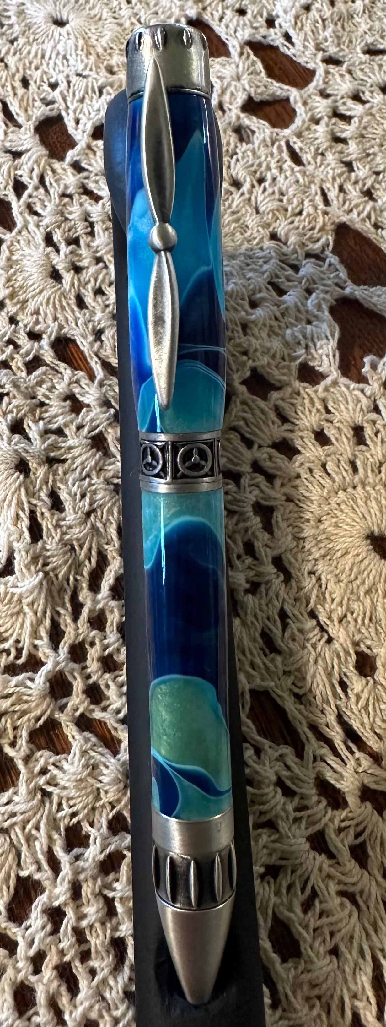 Aviation Propeller Pen, light and dark blue swirl acrylic, antique pewter