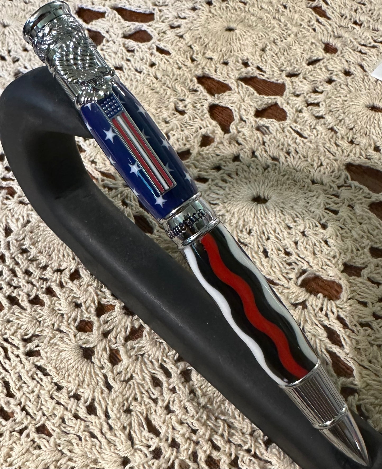 American Patriot Pen, Stars & Waves acrylic, red and white striped clip, chrome