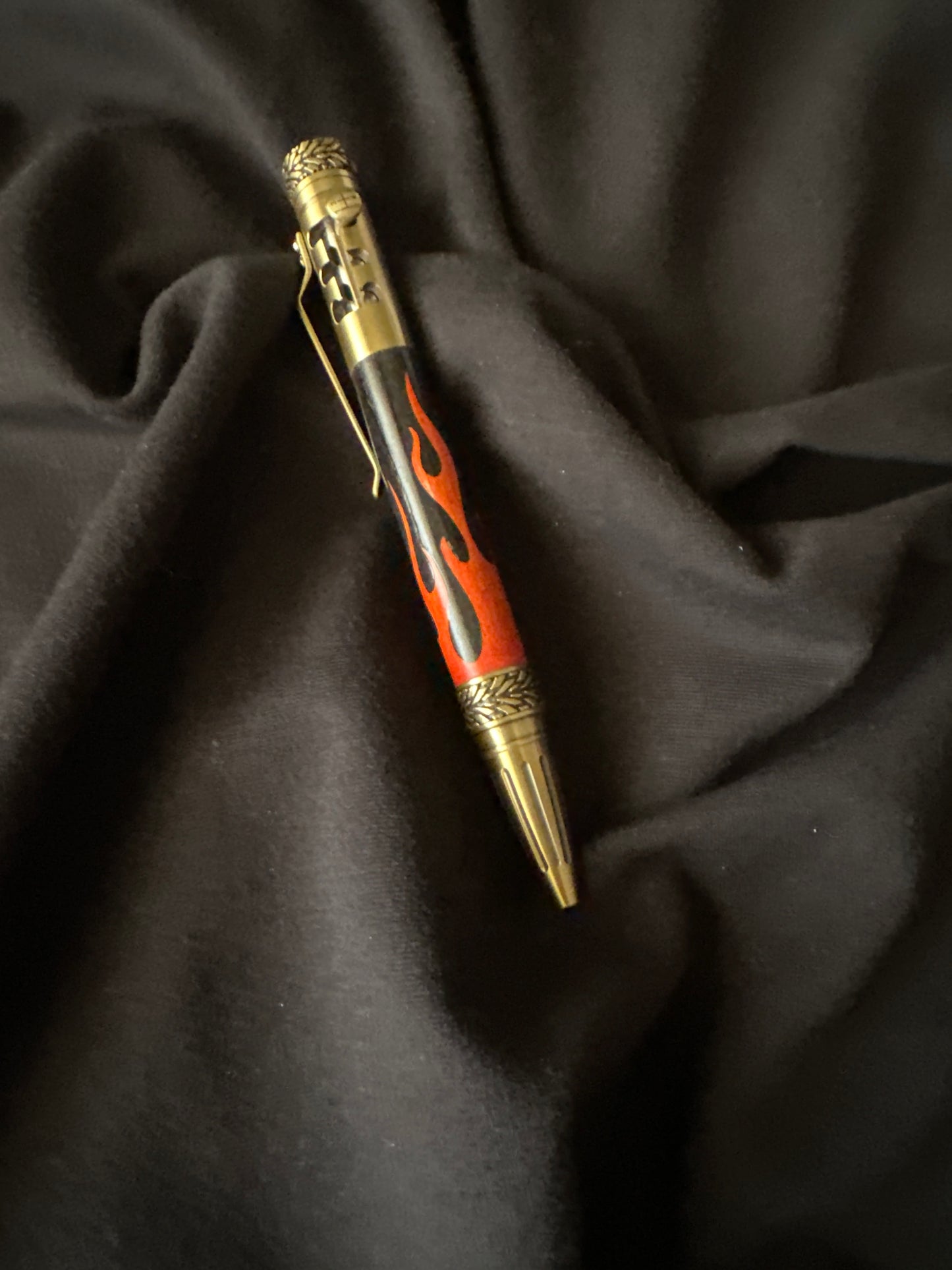 Gear Shift Click Pen, black and orange flames, antique brass
