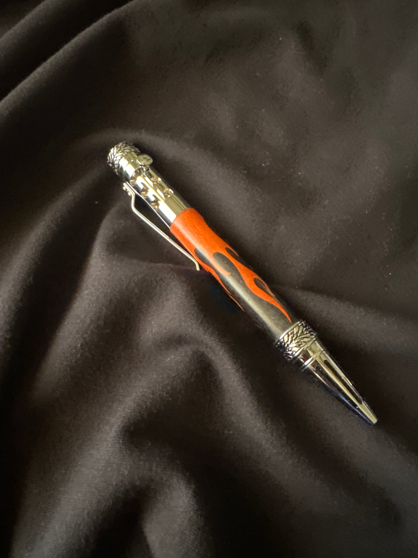 Gear Shift Click Pen, black and orange flames, chrome