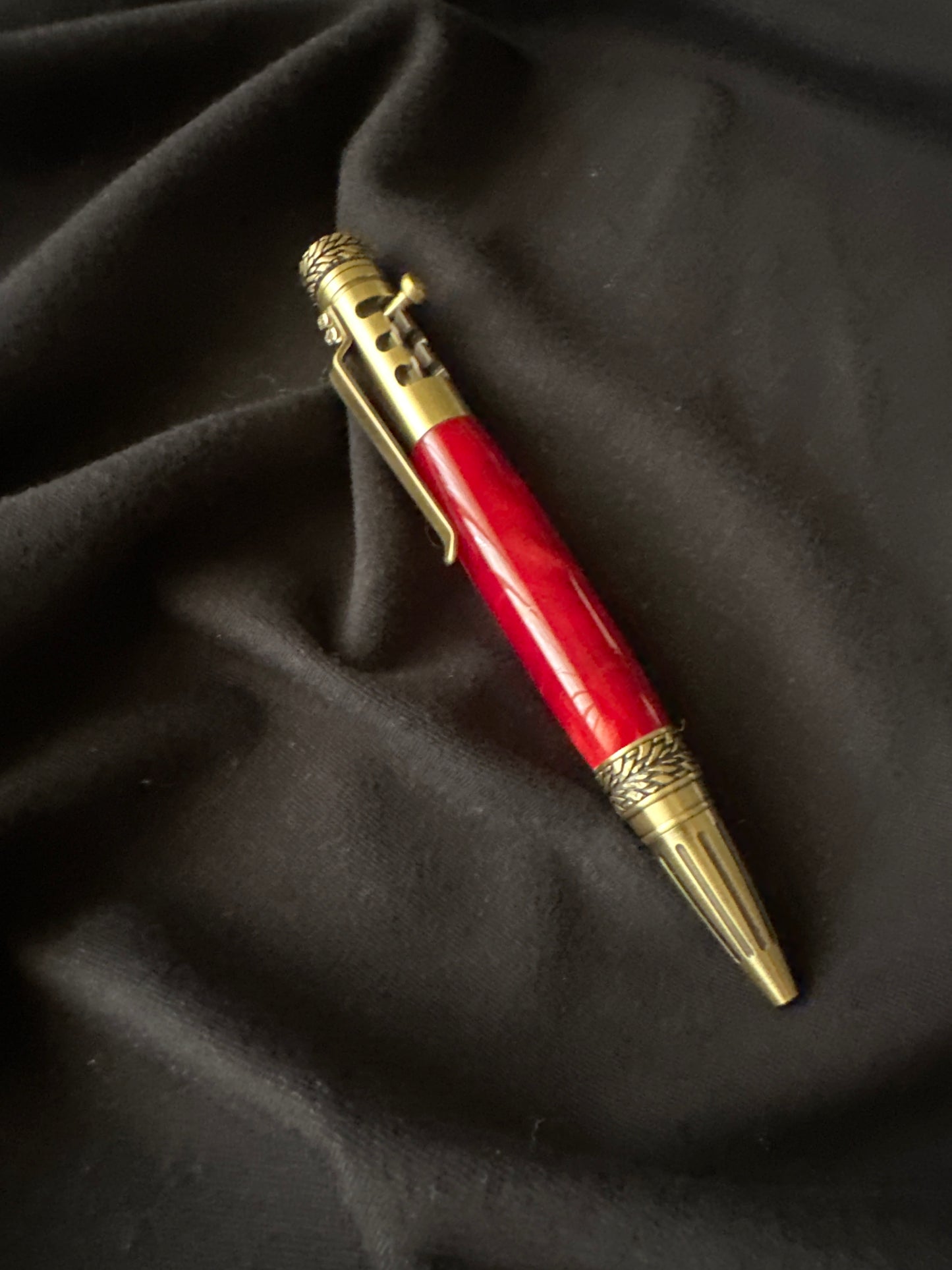 Gear Shift Click Pen, ruby red silk, antique brass